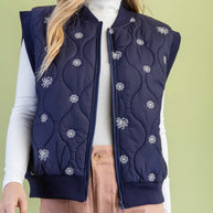 Flower Stitch Navy Quilted Vest