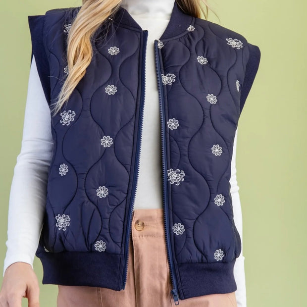Flower Stitch Navy Quilted Vest