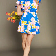 Royal Mix Satin Floral Ruffle Tier Dress