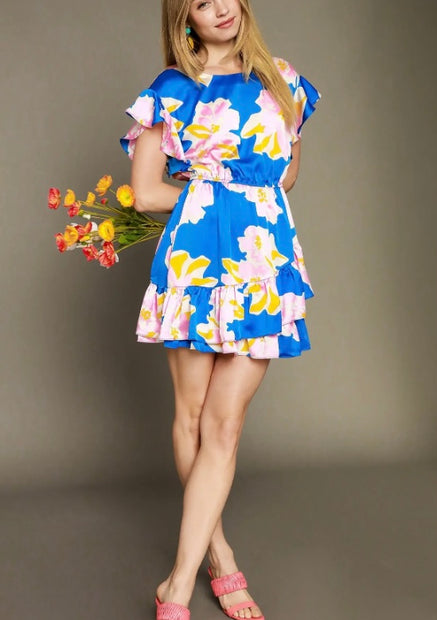 Royal Mix Satin Floral Ruffle Tier Dress