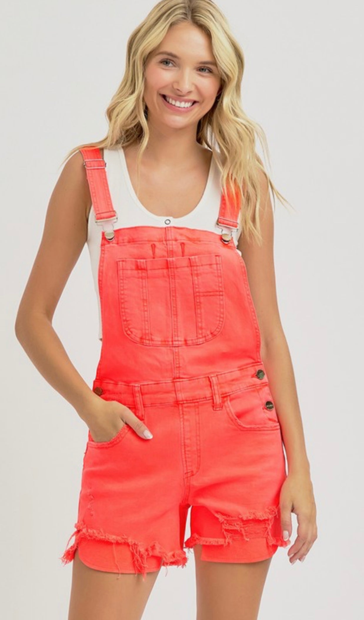 Risen Sunset Pop Distressed Overall Shorts