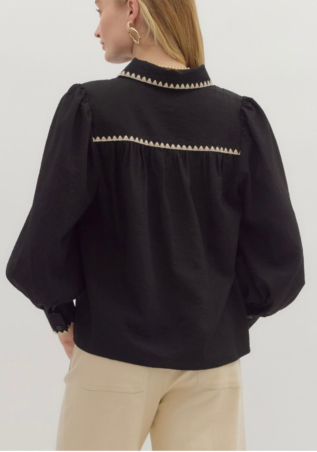 Black Puff Sleeve Blouse with Contrast Trim By Entro