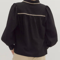Black Puff Sleeve Blouse with Contrast Trim By Entro