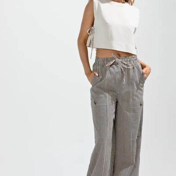 Grey Elastic Waist Vintage Wash Striped Pants