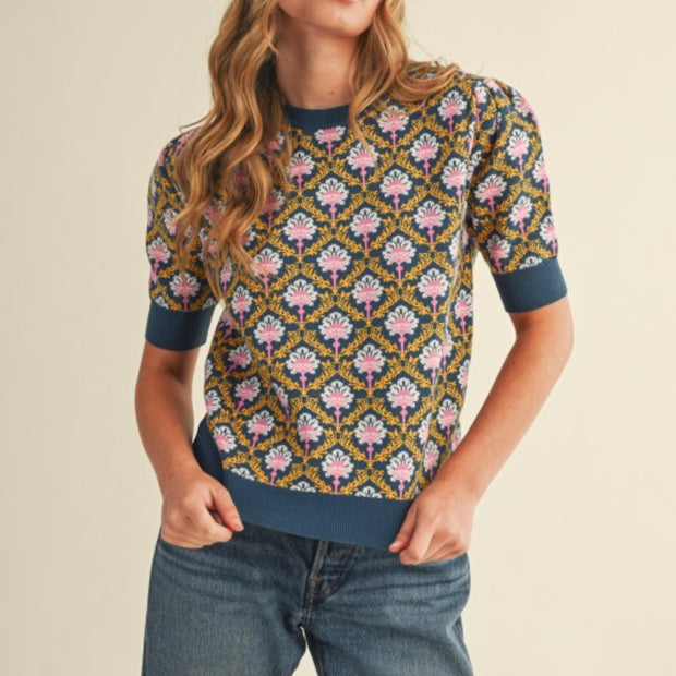 Vintage Bloom Short-Sleeve Knit Top