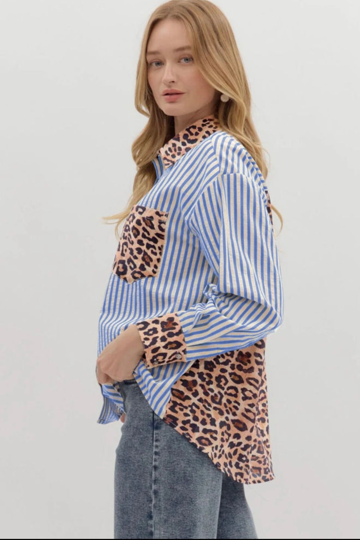 Blue Striped and Leopard Patchwork Button Up Blouse