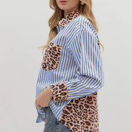 Blue Striped and Leopard Patchwork Button Up Blouse