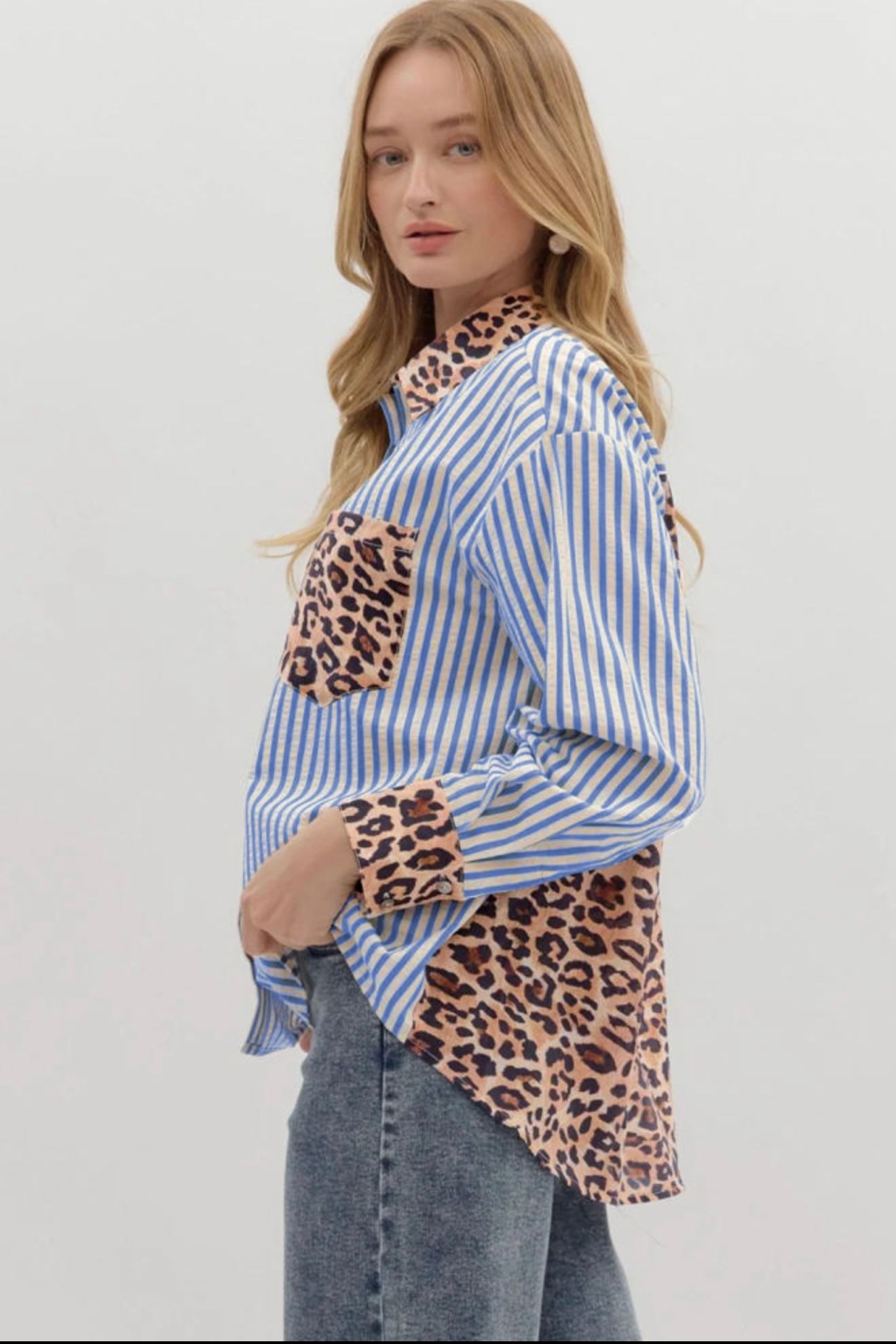 Blue Striped and Leopard Patchwork Button Up Blouse