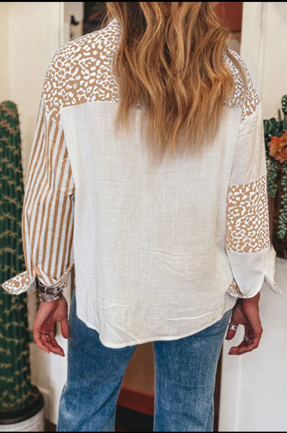 Khaki Leopard Striped Patchwork Button Up Shirt