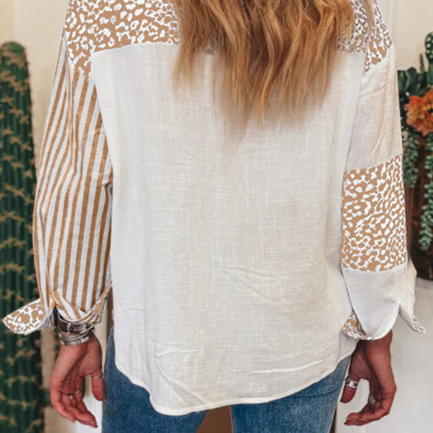 Khaki Leopard Striped Patchwork Button Up Shirt