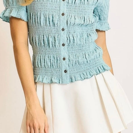 Light Blue Button Down Ruching Collared Top