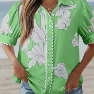 Floral Ric Rac Edge Puff Sleeve Blouse
