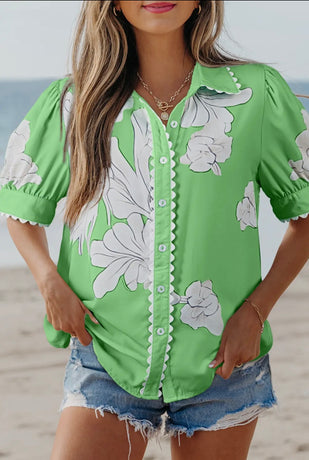 Floral Ric Rac Edge Puff Sleeve Blouse