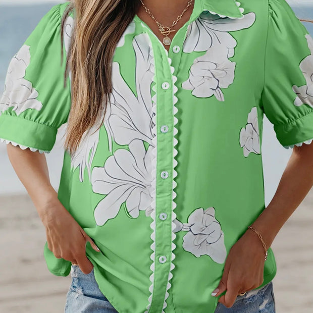Floral Ric Rac Edge Puff Sleeve Blouse