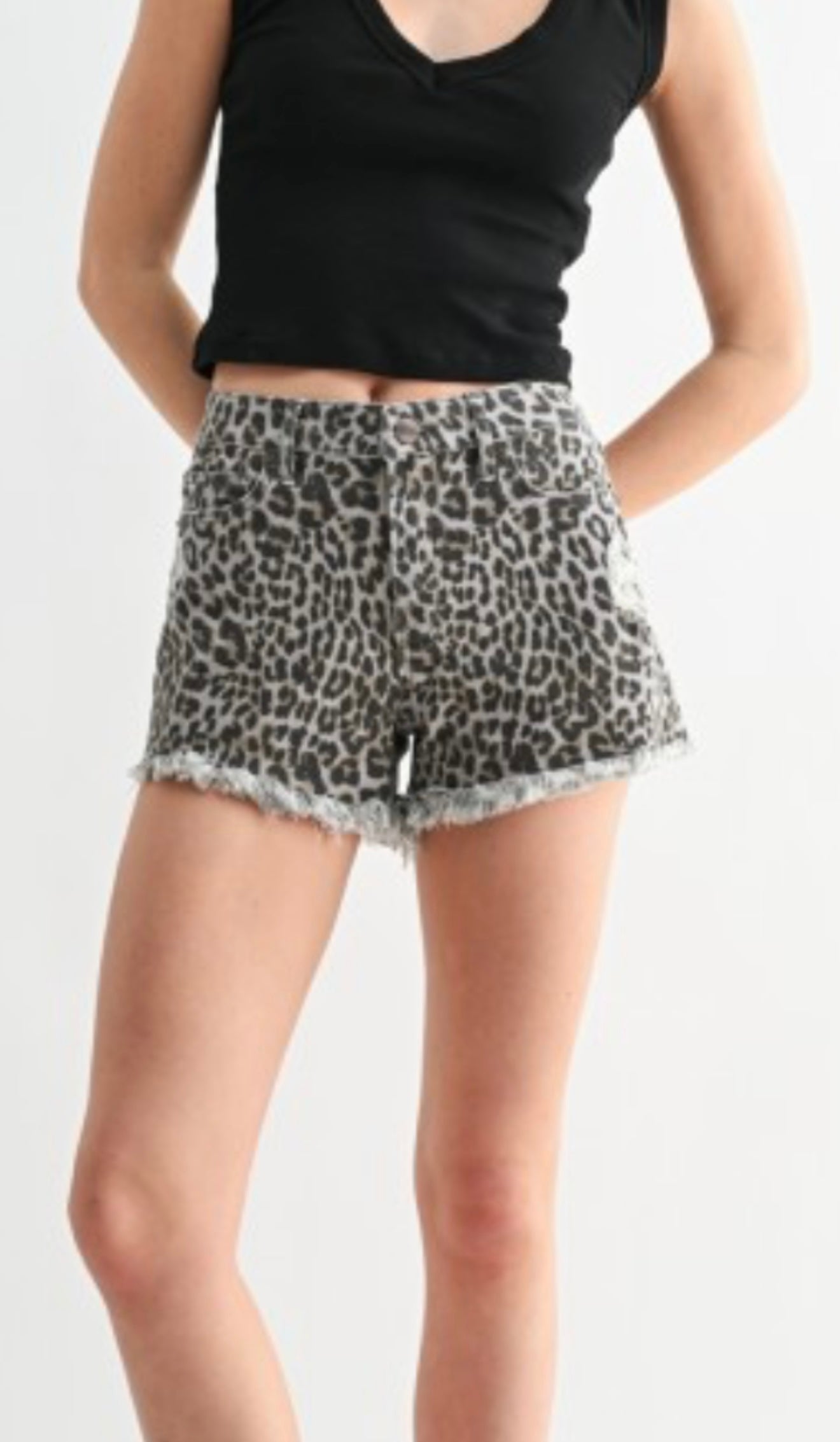 Wild Side Leopard Raw Hem Shorts by Mica Denim