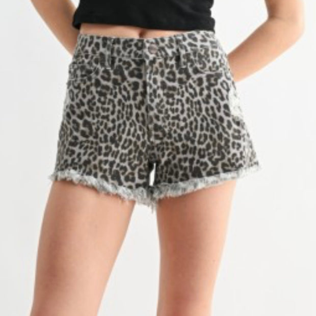 Wild Side Leopard Raw Hem Shorts by Mica Denim