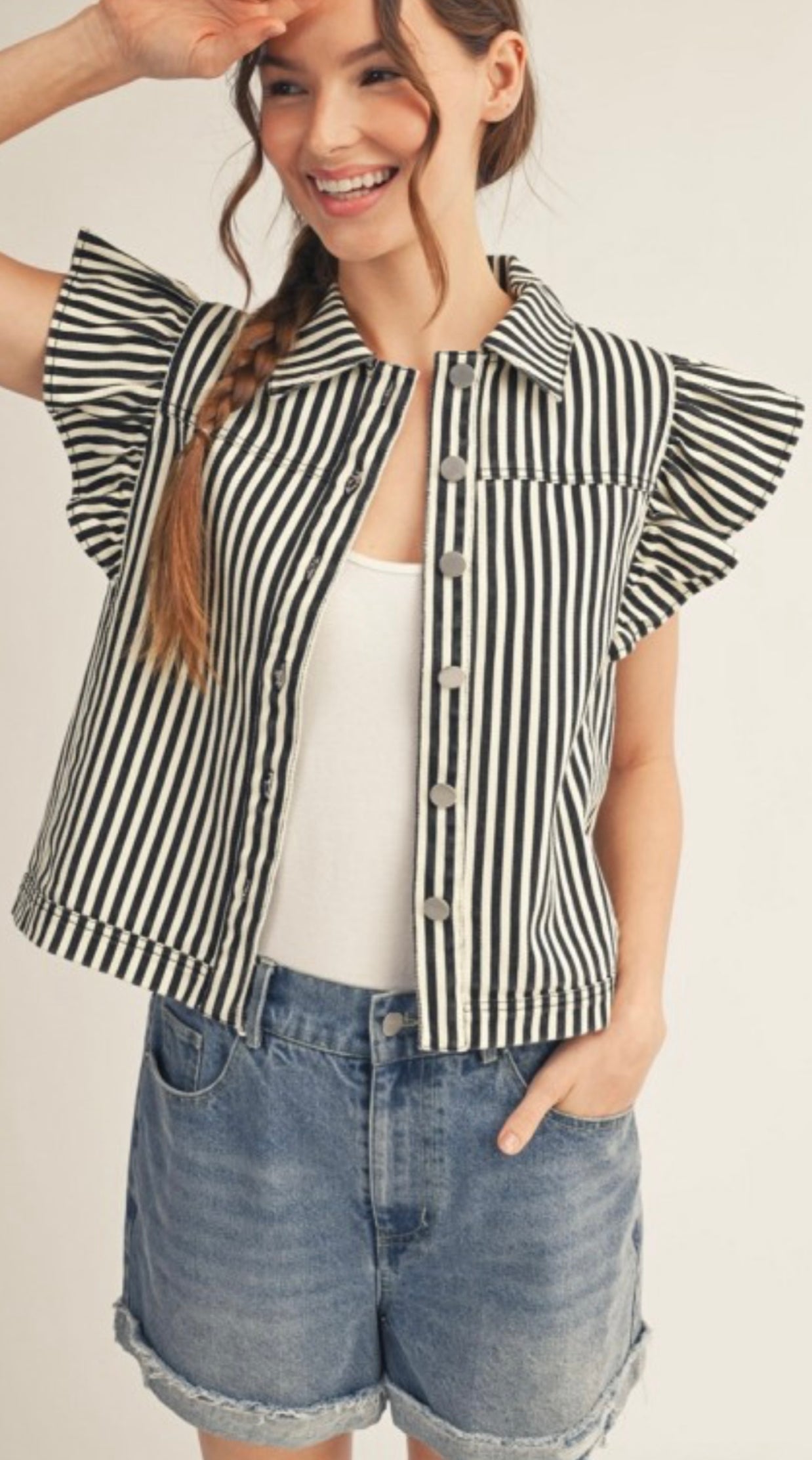 Denim Black and White Striped Vest