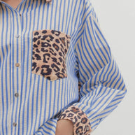 Blue Striped and Leopard Patchwork Button Up Blouse