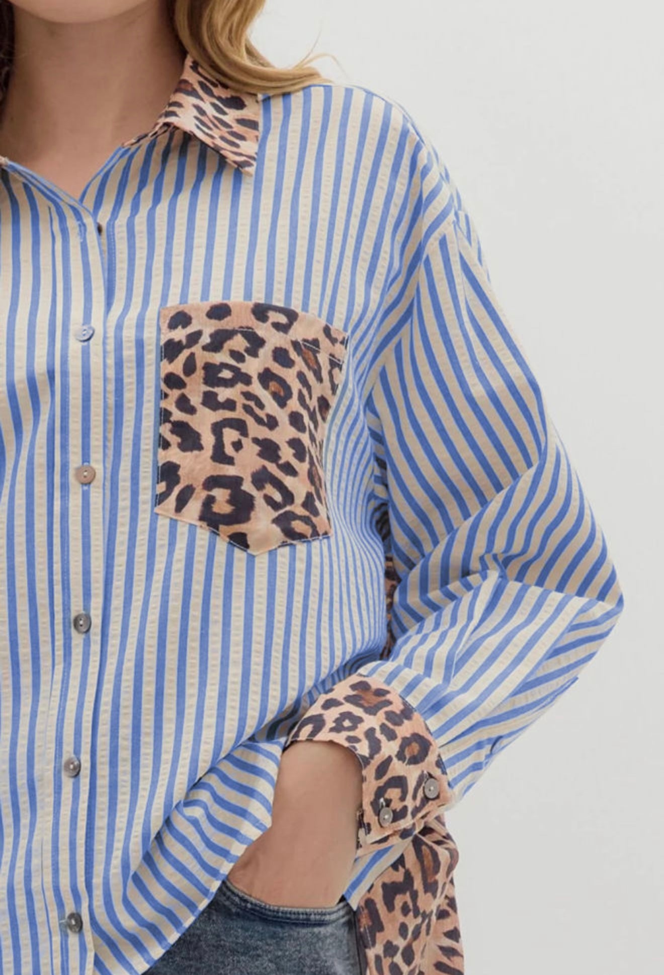 Blue Striped and Leopard Patchwork Button Up Blouse