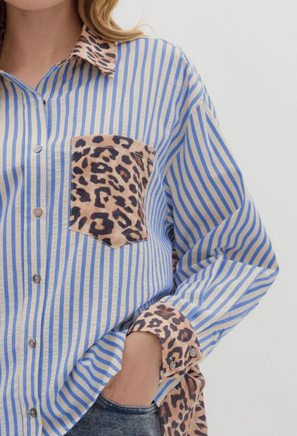Blue Striped and Leopard Patchwork Button Up Blouse