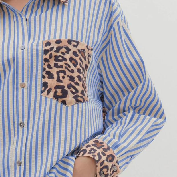 Blue Striped and Leopard Patchwork Button Up Blouse