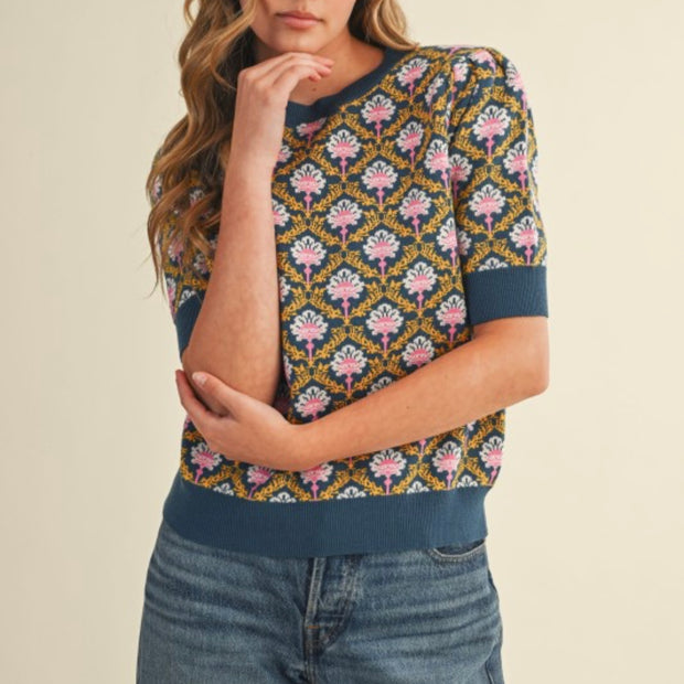 Vintage Bloom Short-Sleeve Knit Top