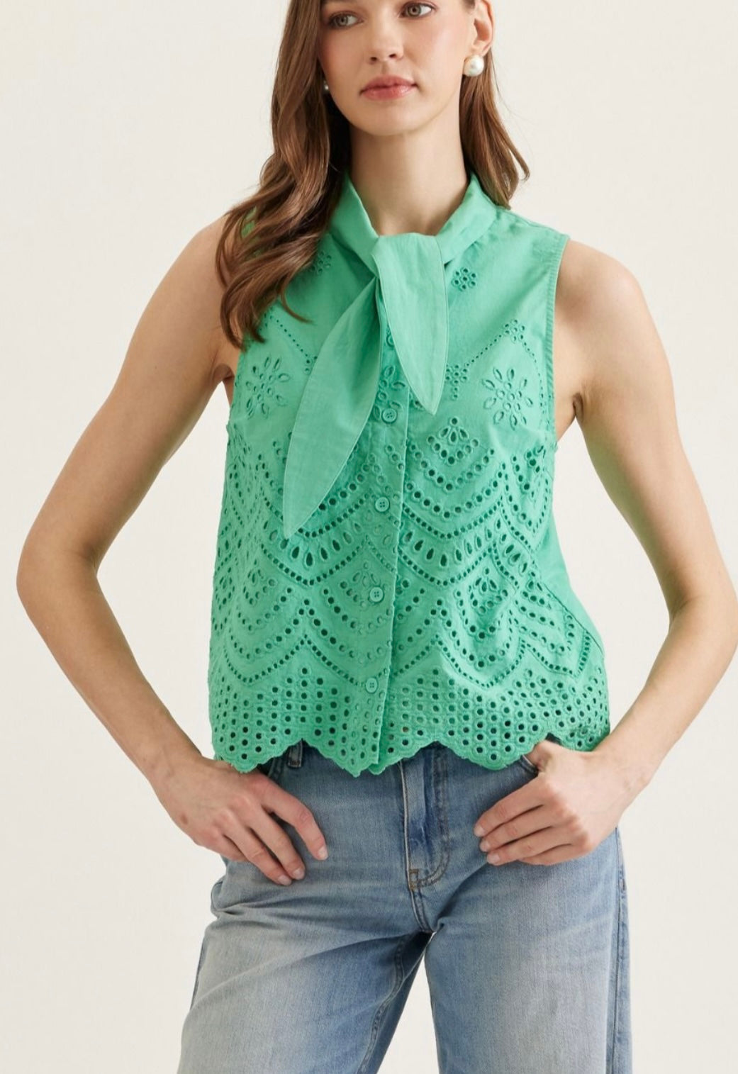 Sleeveless Tie Neck Eyelet Top