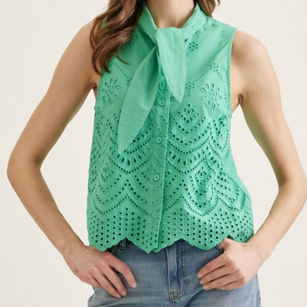 Sleeveless Tie Neck Eyelet Top