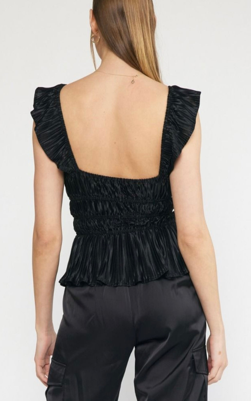 Satin Pleated Ruffle Strap Top