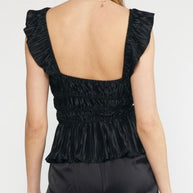 Satin Pleated Ruffle Strap Top
