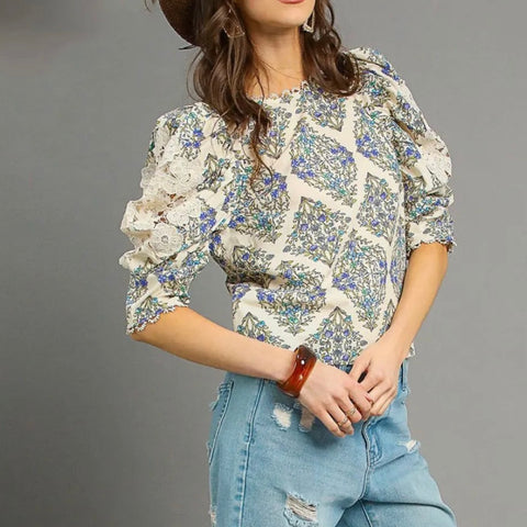 Umgee Printed Lace Puff Sleeve Blouse