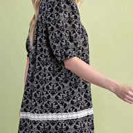 Black and White Printed Dress with Lace Detail