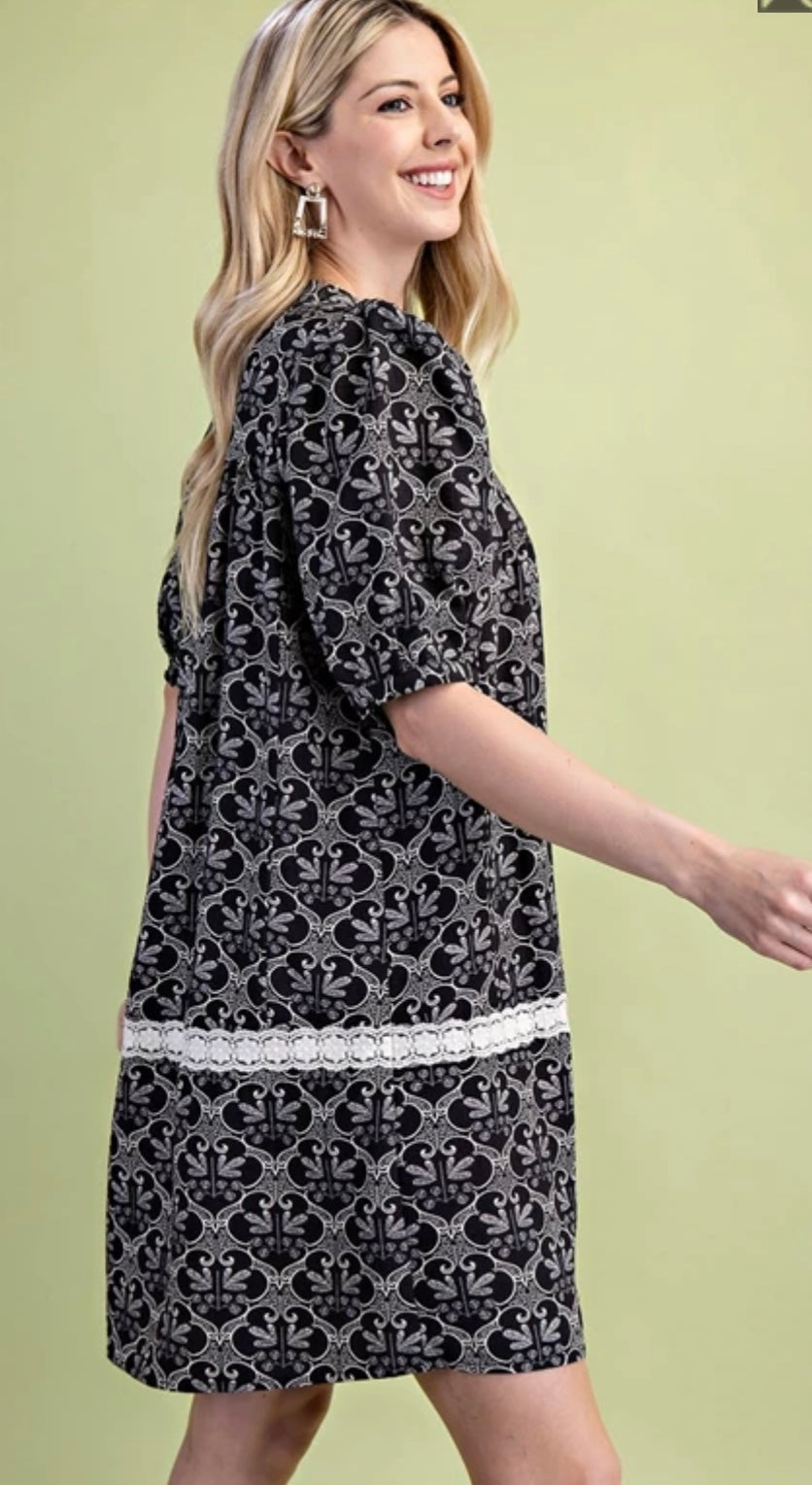 Black and White Printed Dress with Lace Detail