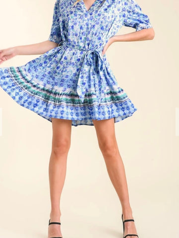 Umgee Satin Floral Dress With Puff Sleeves