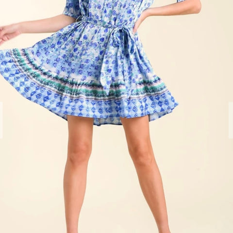 Umgee Satin Floral Dress With Puff Sleeves