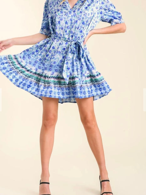 Umgee Satin Floral Dress With Puff Sleeves