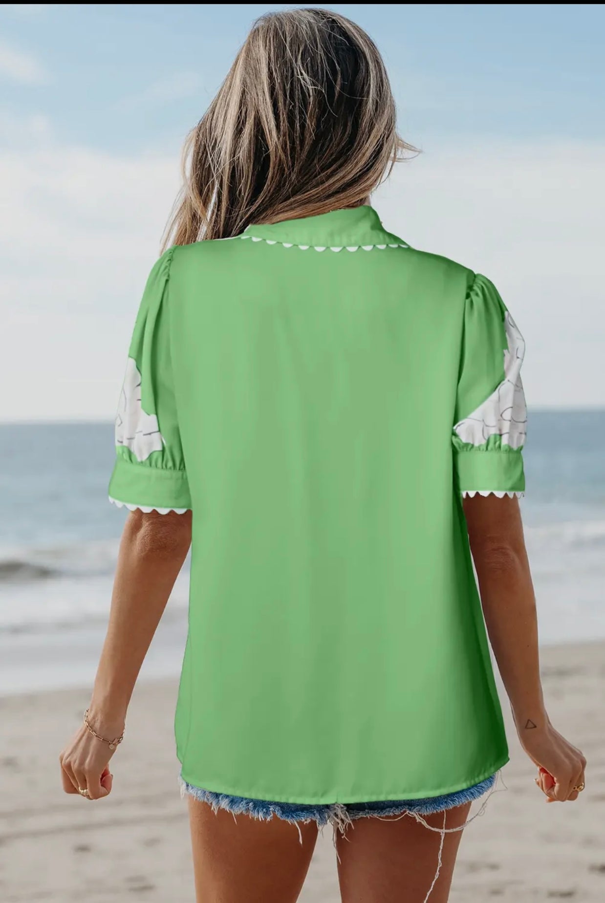Floral Ric Rac Edge Puff Sleeve Blouse
