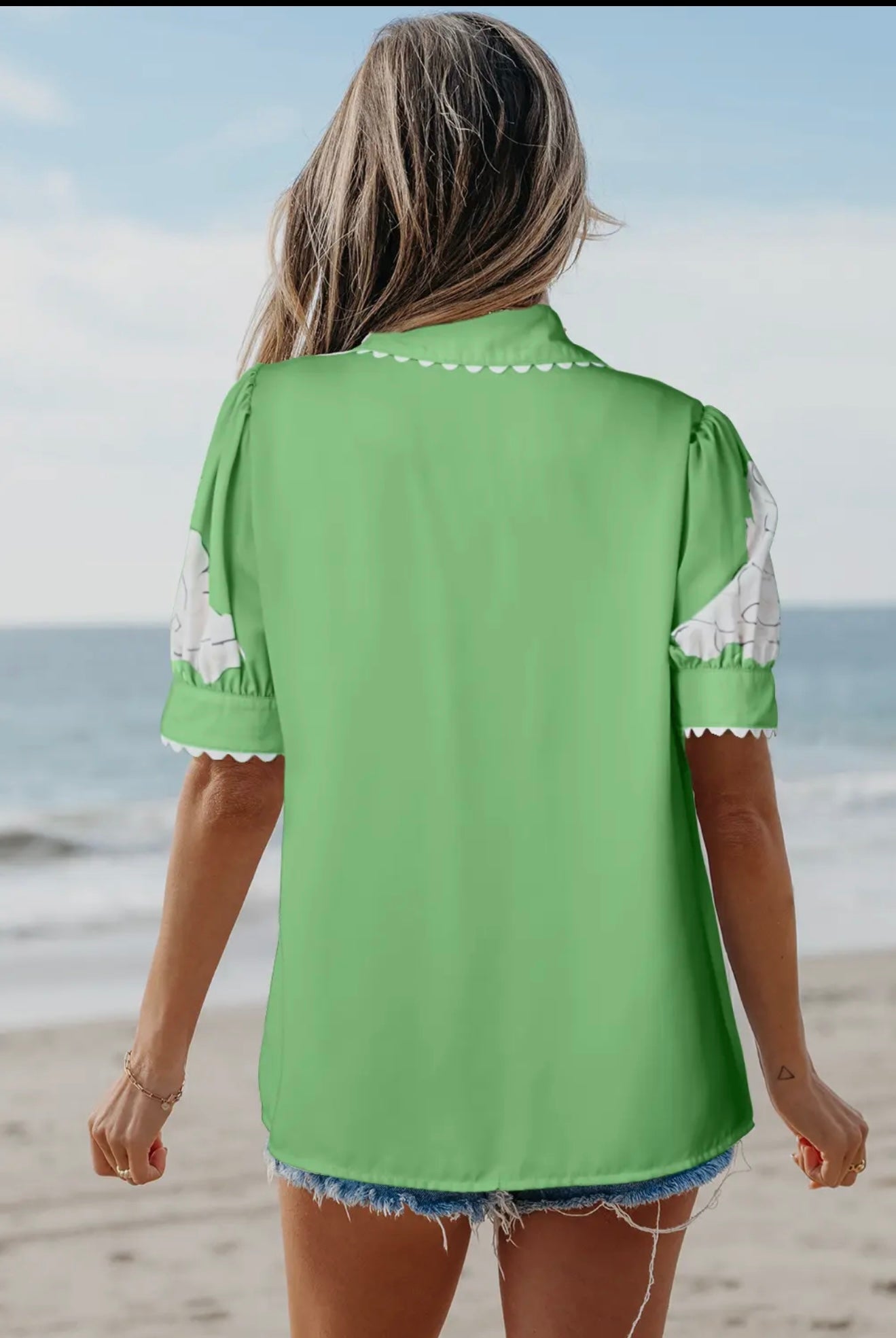 Floral Ric Rac Edge Puff Sleeve Blouse
