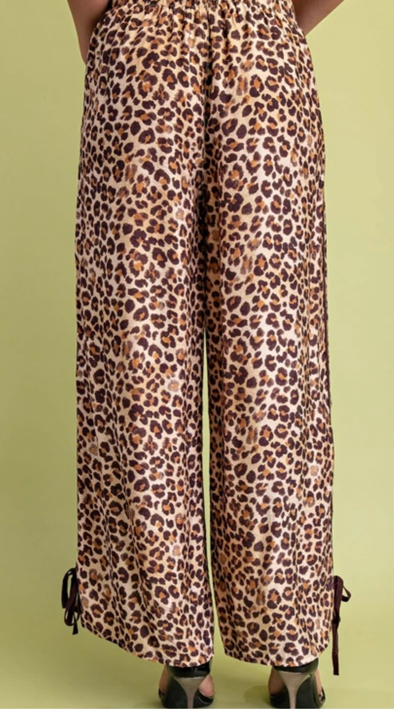 Leopard Print Relaxed Fit Pants with Contrasting Stripes Down the Side and Tie at the Hem
