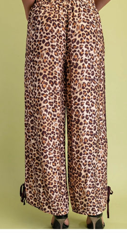 Leopard Print Relaxed Fit Pants with Contrasting Stripes Down the Side and Tie at the Hem