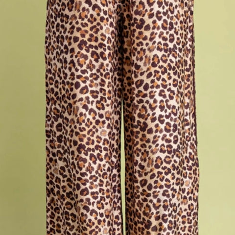 Leopard Print Relaxed Fit Pants with Contrasting Stripes Down the Side and Tie at the Hem