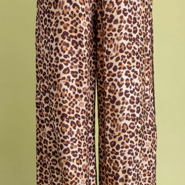 Leopard Print Relaxed Fit Pants with Contrasting Stripes Down the Side and Tie at the Hem