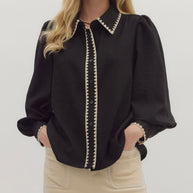 Black Puff Sleeve Blouse with Contrast Trim By Entro