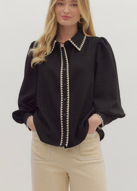 Black Puff Sleeve Blouse with Contrast Trim By Entro