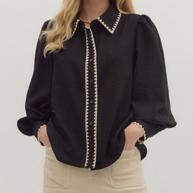 Black Puff Sleeve Blouse with Contrast Trim By Entro