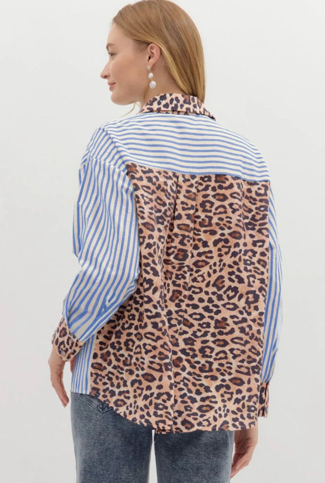 Blue Striped and Leopard Patchwork Button Up Blouse