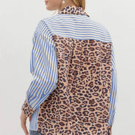 Blue Striped and Leopard Patchwork Button Up Blouse