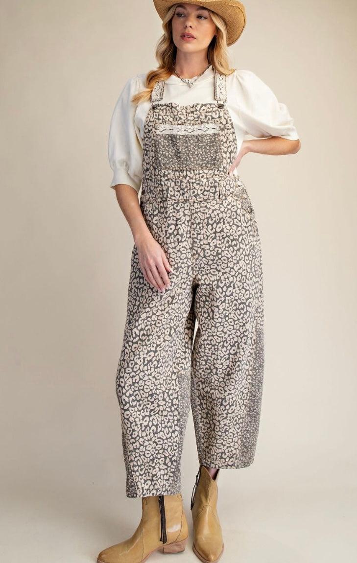 Wild Side Patchwork Leopard Wide Leg Overalls