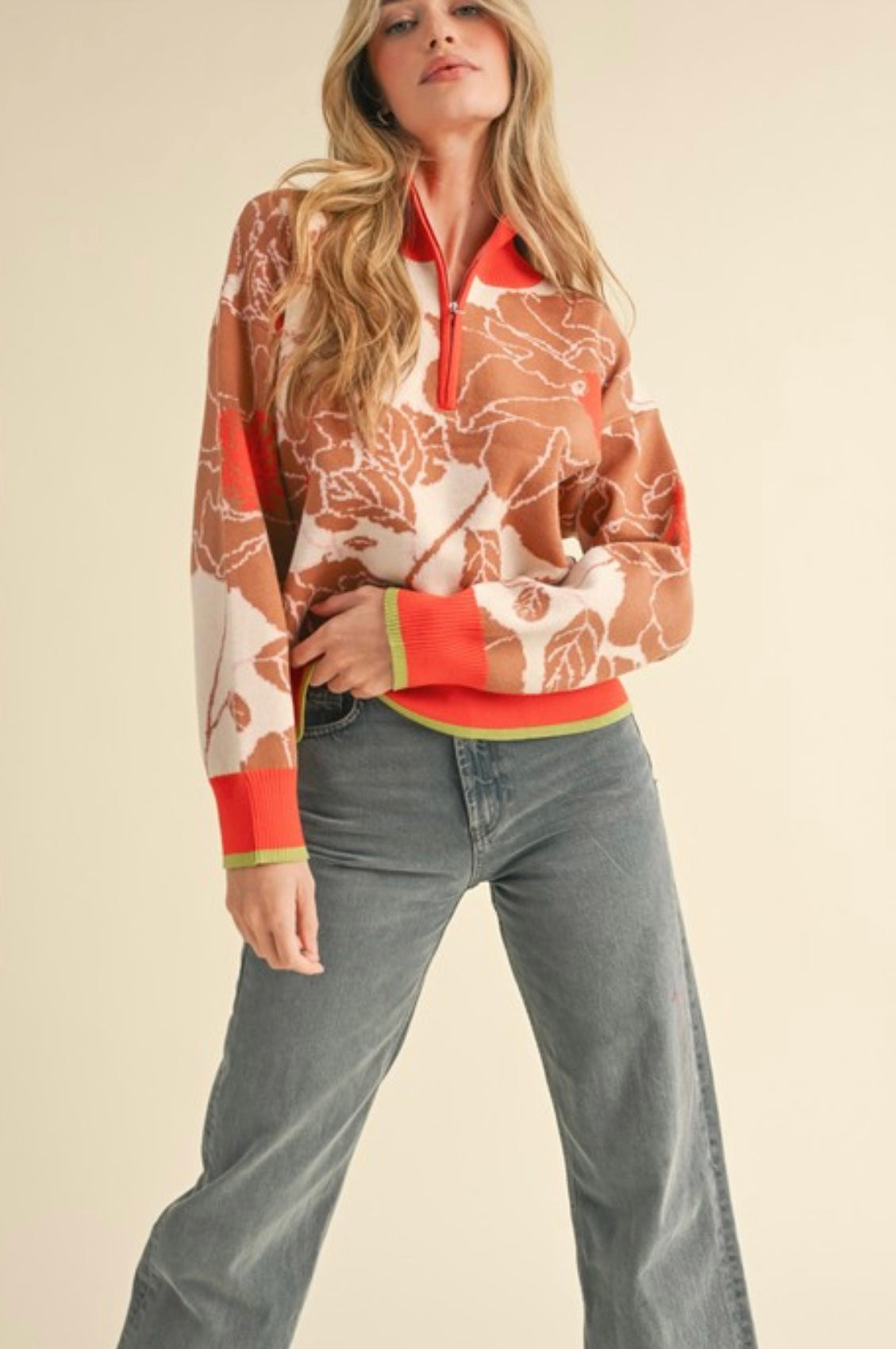 &Merci Contrast-Trim Floral Sweater