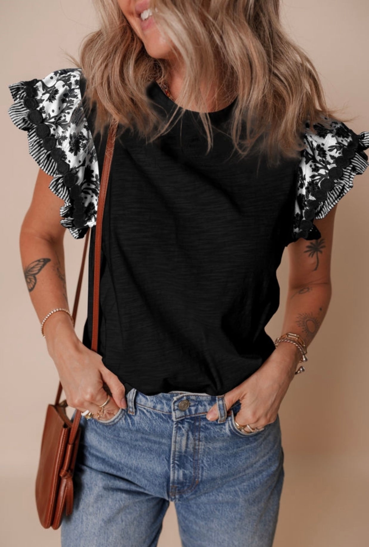 Black Floral Patchwork Flutter Sleeve Blouse